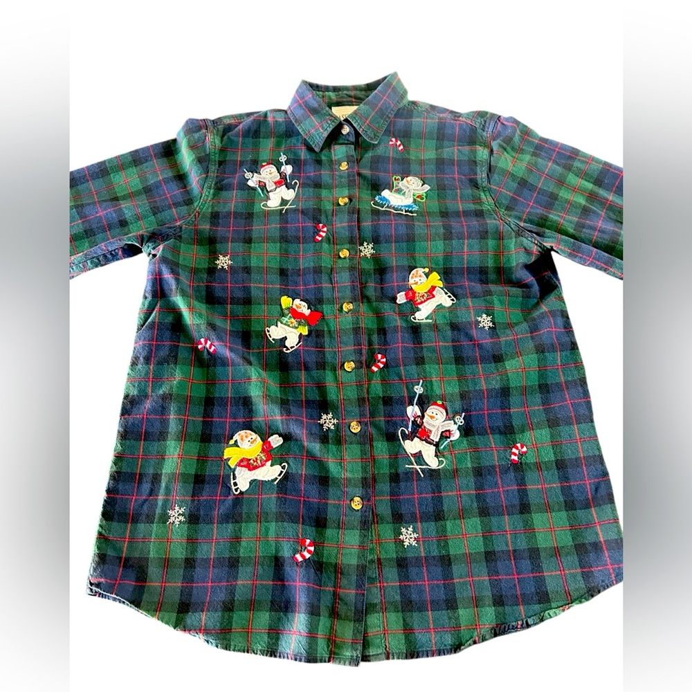 Vintage 90s Christmas Winter Plaid Button Down Snowman